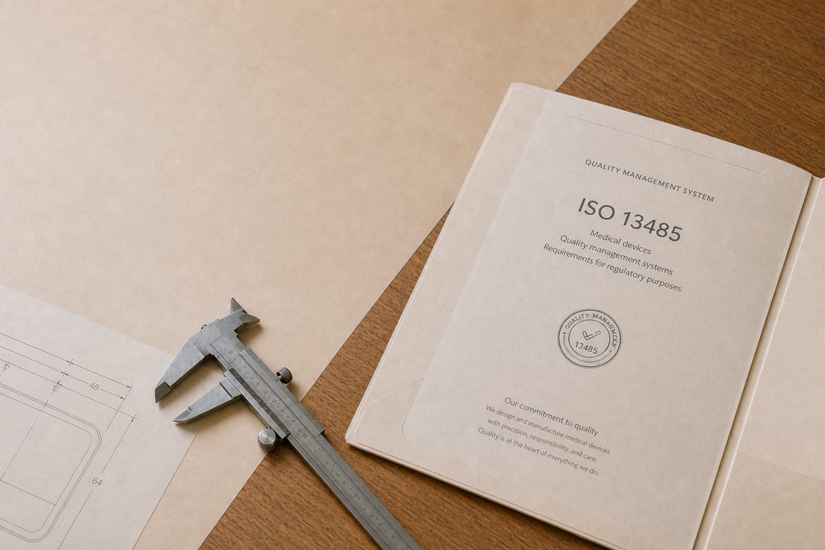 Сертификат ISO 13485 и чертёж на столе производителя